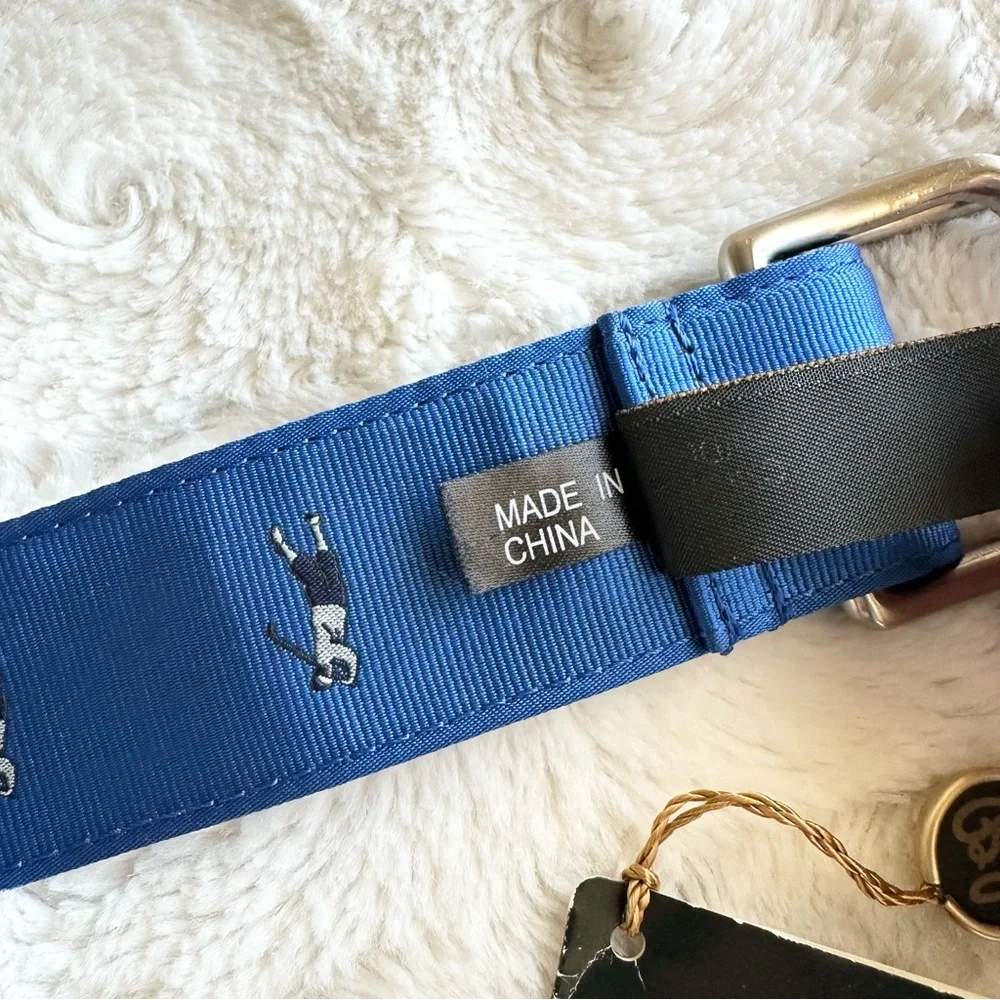 Bobby Jones Belt Mens 34 Blue Golfer Motif D-Ring Adjustable Preppy Fabric NWT
